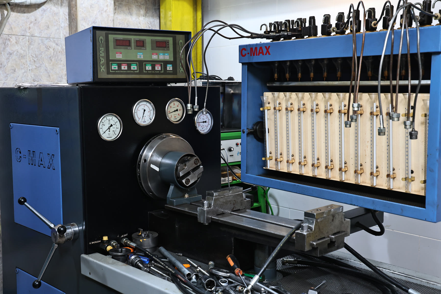 Fuel injection pump calibration bench at Abra Diesel in Sharjah