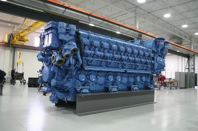 Large marine diesel engine in the workshop