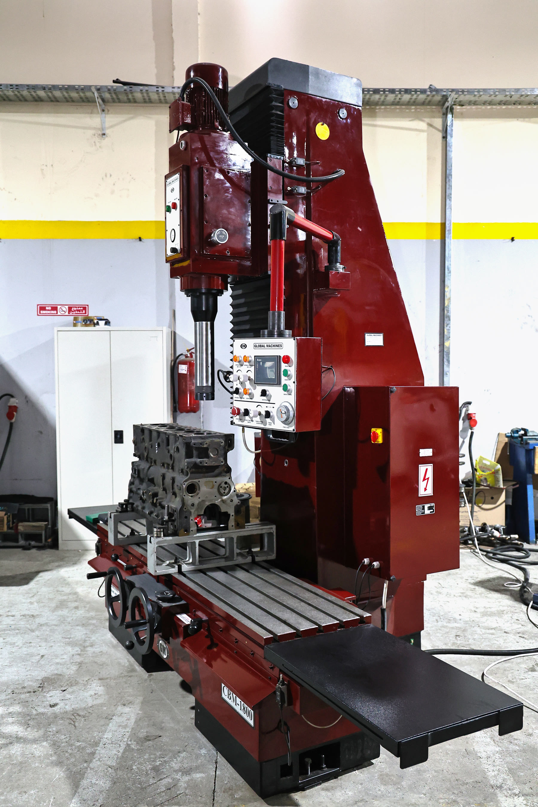 Diesel engine block fixtured on the vertical boring and honing machine