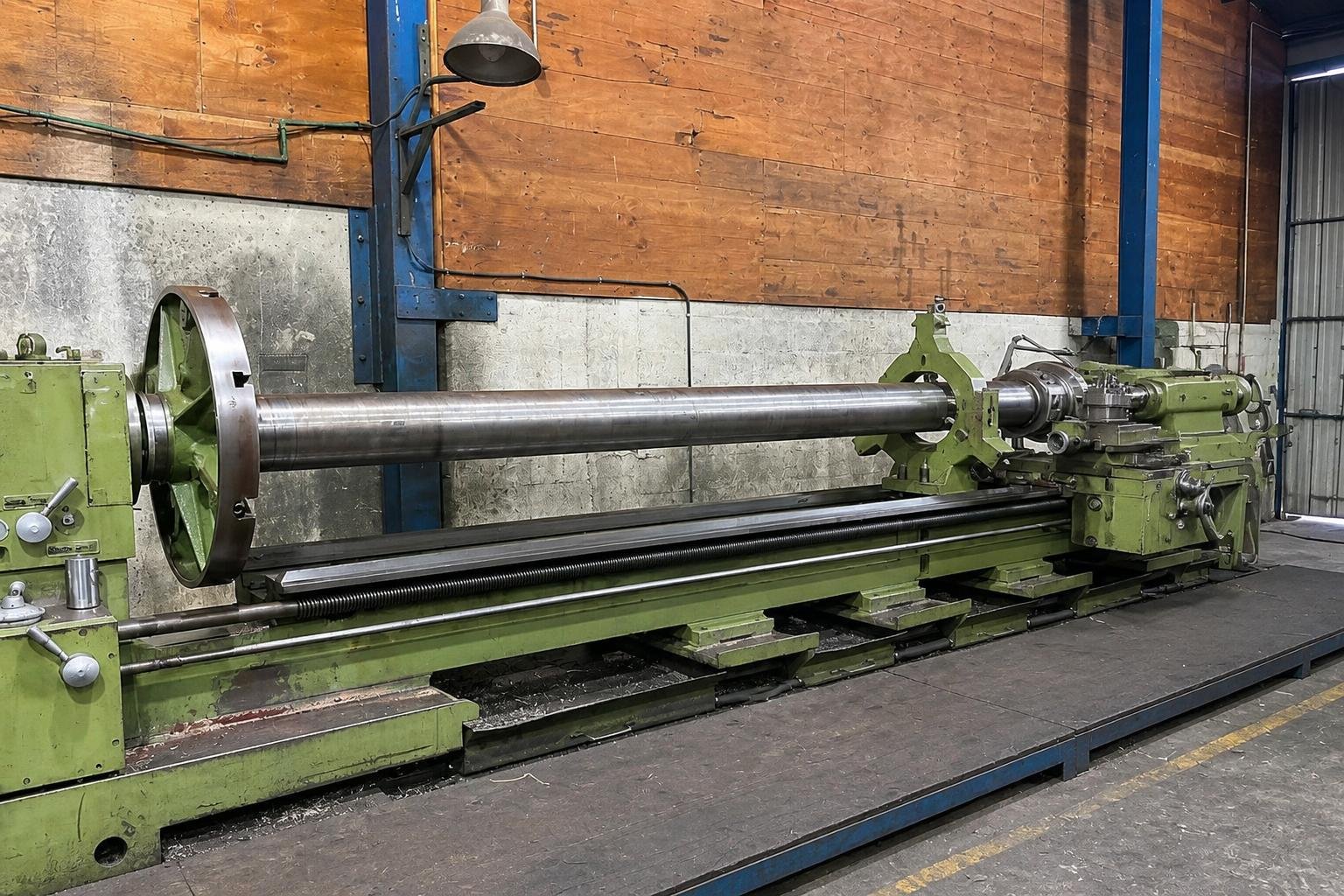 Engineer in high-visibility workwear turns a long industrial shaft on a large green manual lathe in a spacious heavy-engineering shop.