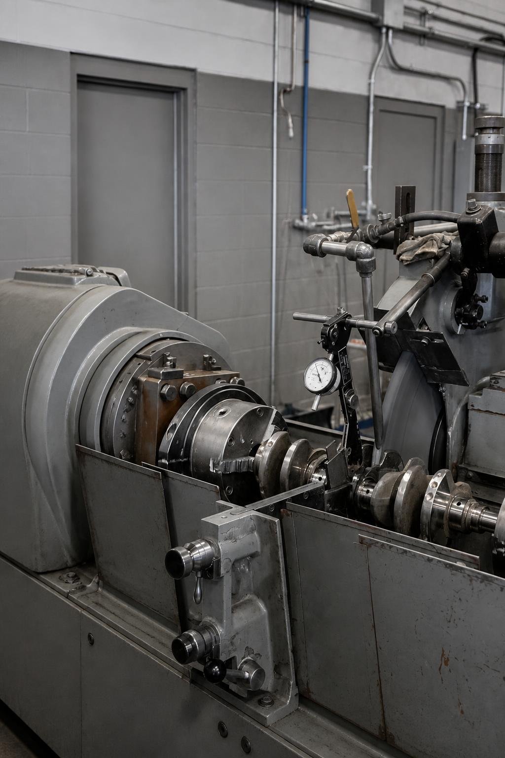 Portrait-oriented workshop photograph of a technician setting a crankshaft on a grinder with a dial indicator visible.