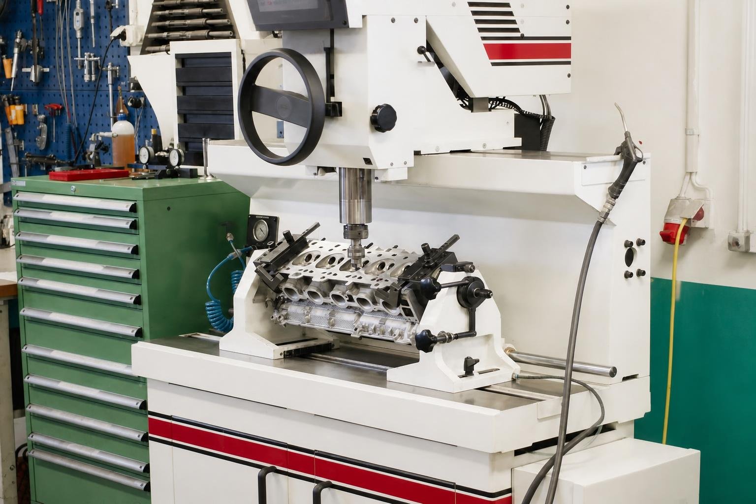 Clean Rottler resurfacing machine with a cylinder head fixture and precision tooling inside an organized engine-renovation shop.
