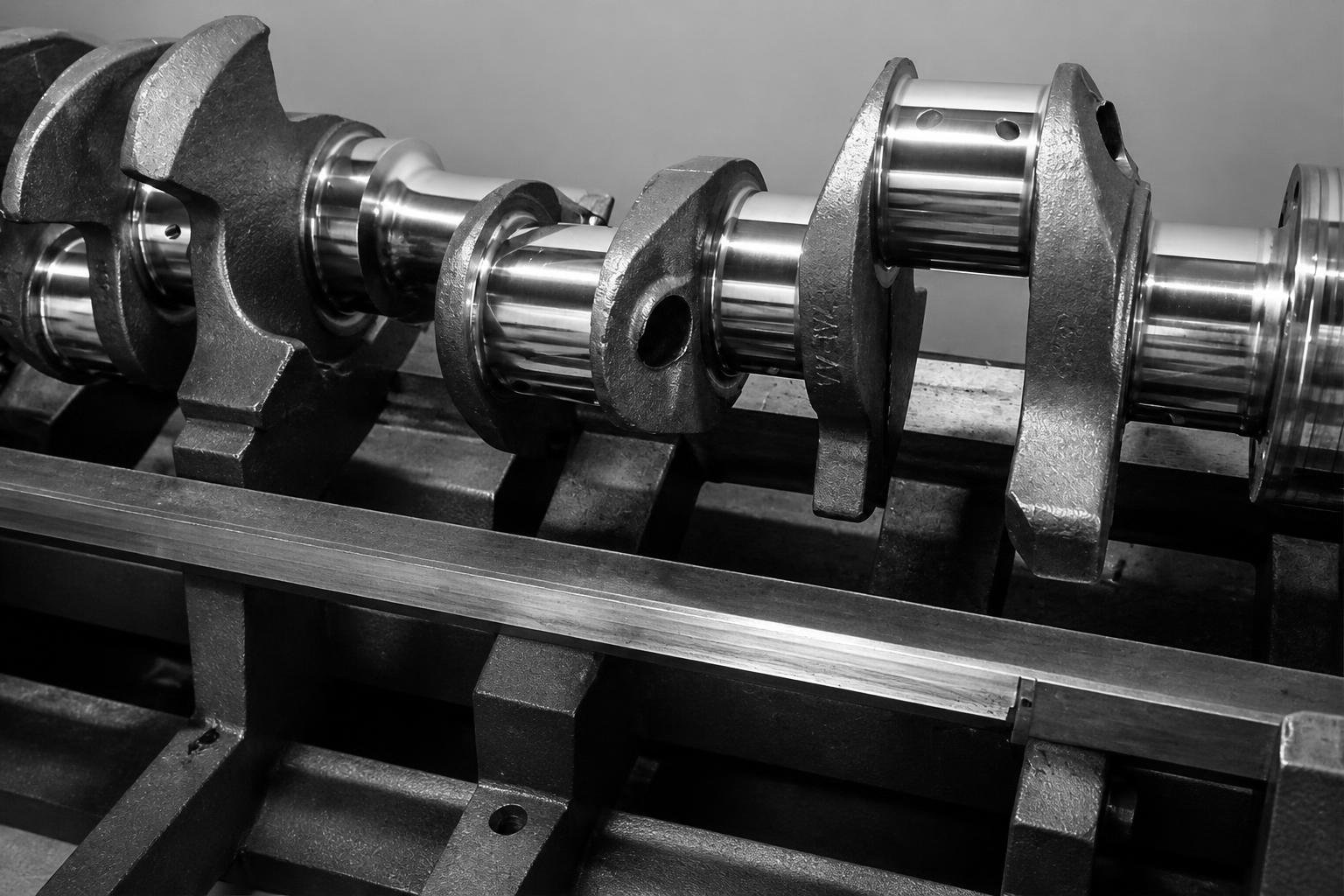 Close view of a technician using an outside micrometer on a polished crankshaft journal in an engine-reconditioning setting.