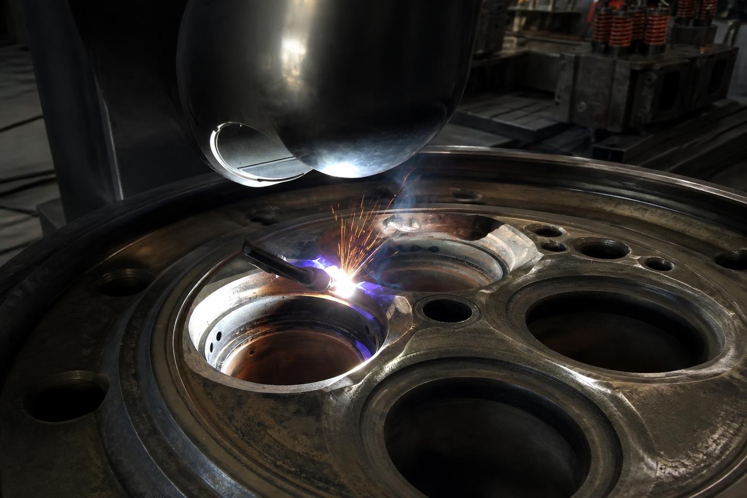 Technician in a welding helmet and red gauntlets repairs the broad combustion face of a large marine-engine cylinder head as a bright arc throws sparks.
