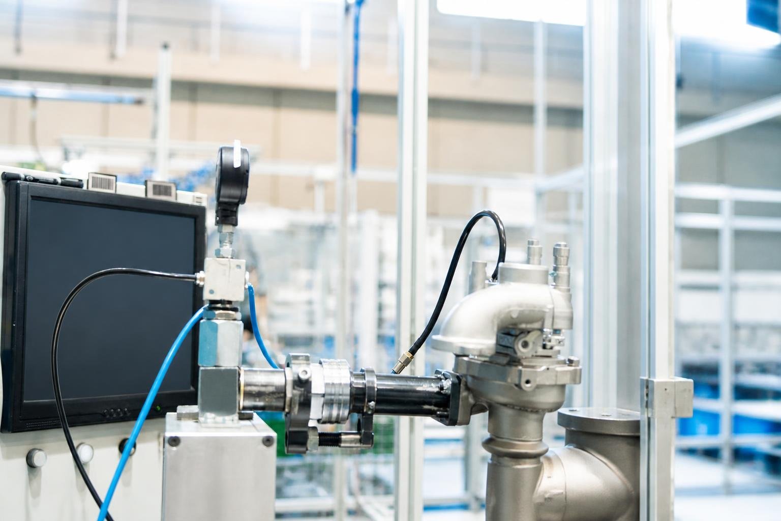 Safety-equipped technician connects and checks a remanufactured turbocharger on a precision rig while performance data is shown on a nearby display.