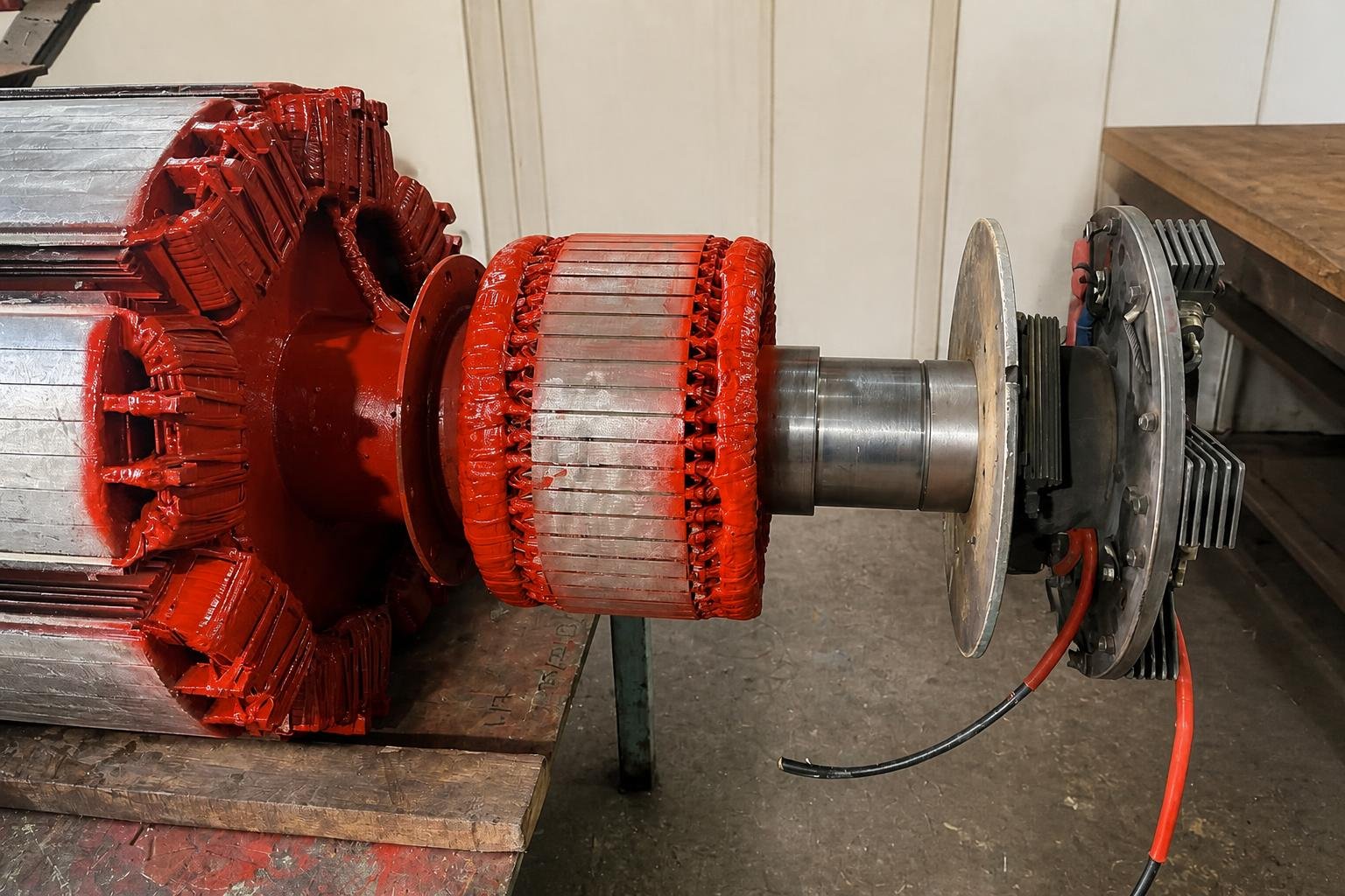 Technician works on the exciter and terminal area of a large red 562.5 kW marine alternator rotor after complete stator, rotor, and exciter rewinding.