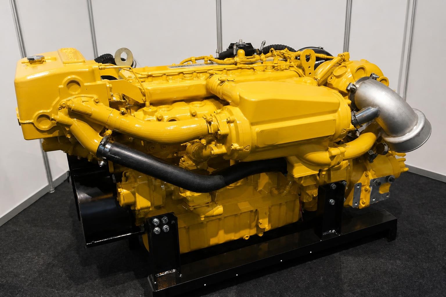Clean contemporary marine diesel engine displayed at a maritime industry exhibition.