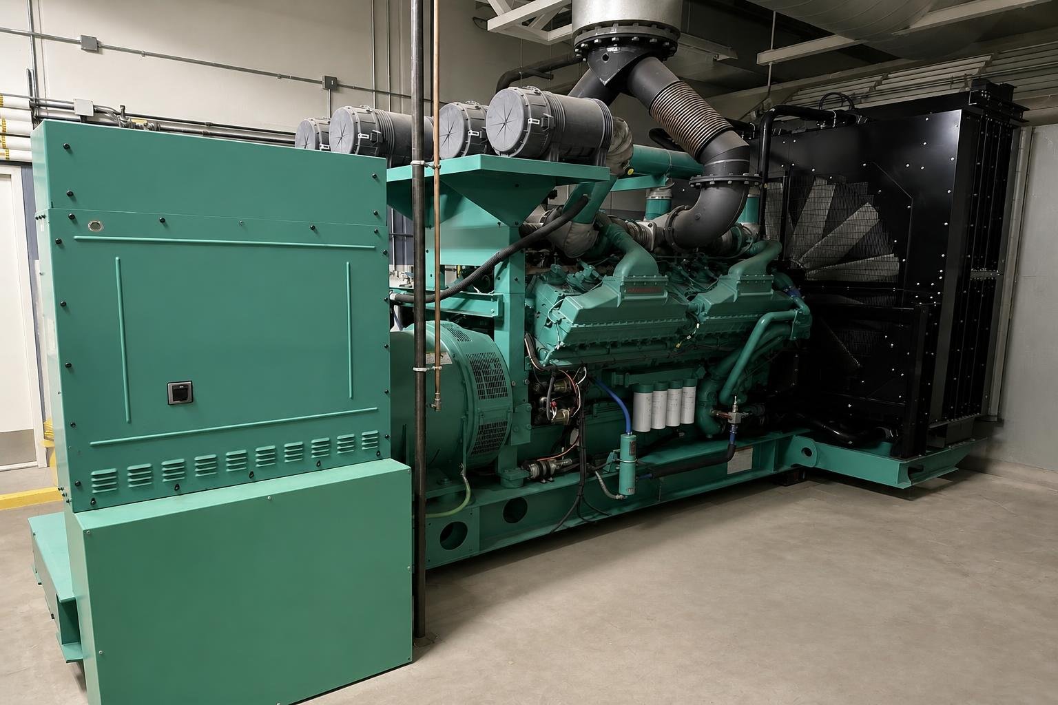 Modern diesel-powered standby generator serving a hospital data centre during grid outages.