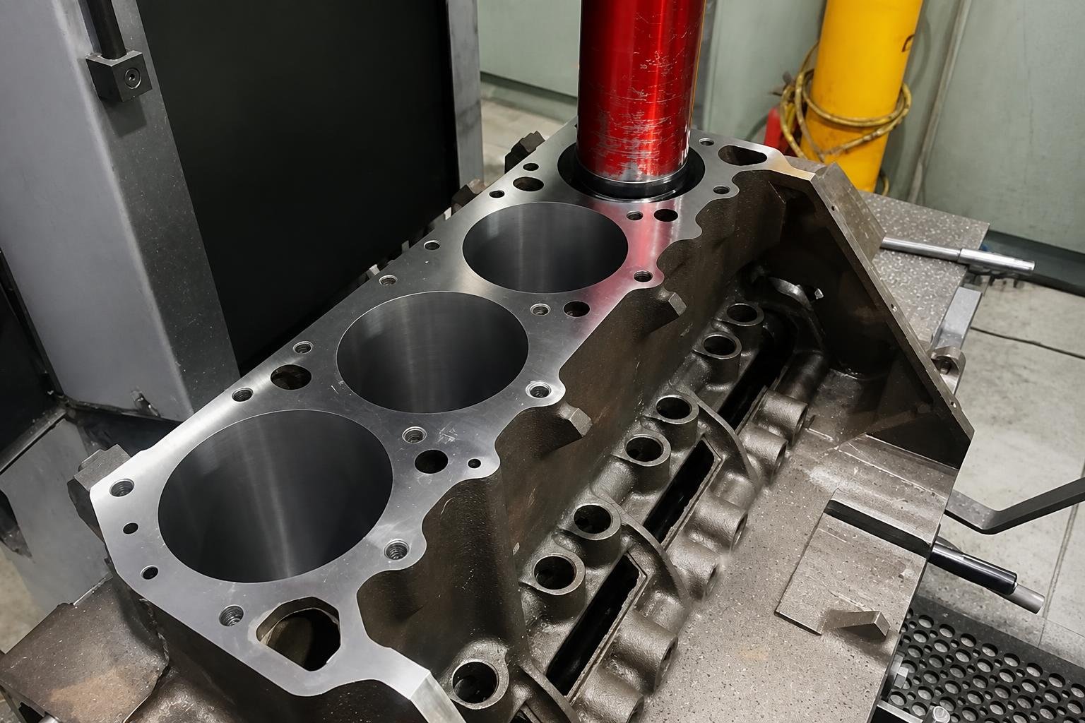Engine block mounted on a dedicated machine for precision cylinder boring.