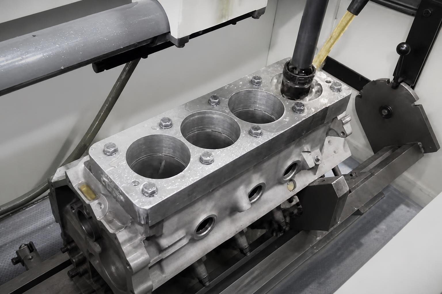 Workshop cylinder-honing equipment finishing an engine block bore.