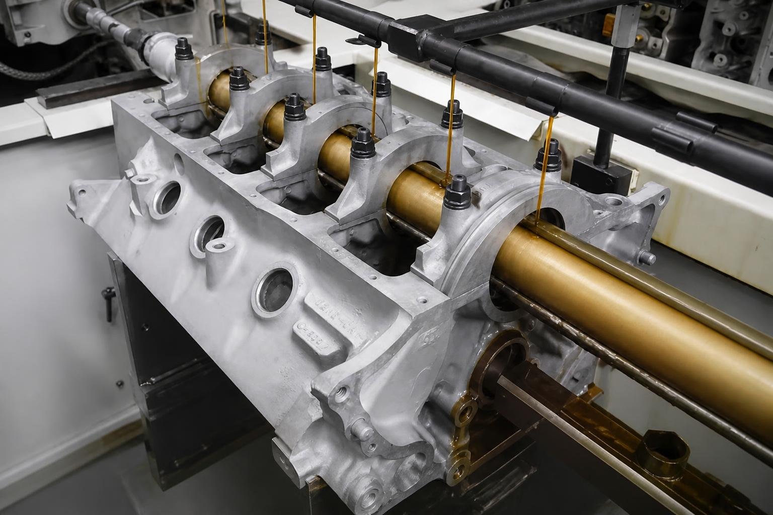 Engine block positioned for precision line honing of its main-bearing tunnel.