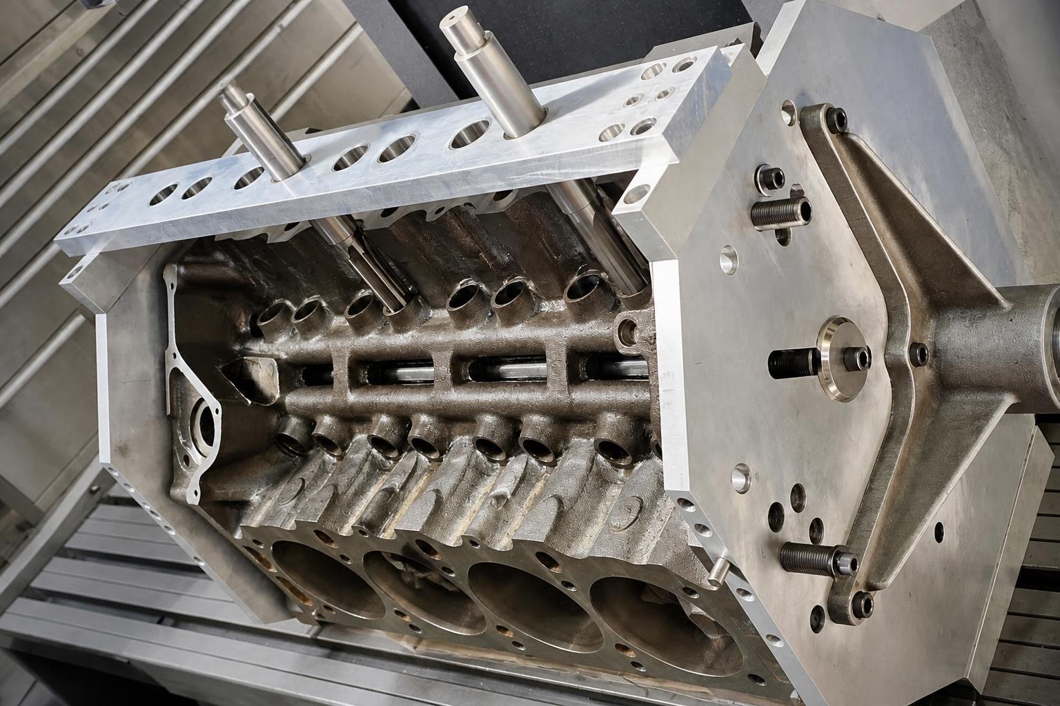 Specialist machining setup used to sleeve and restore worn engine bores.