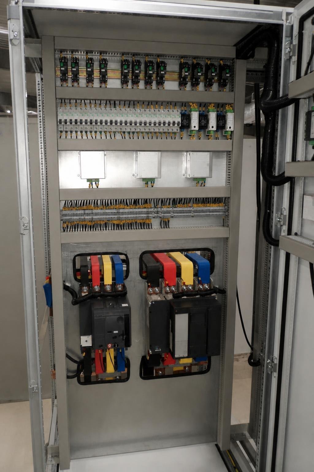 Large industrial ATS and generator-synchronizing control-panel lineup.