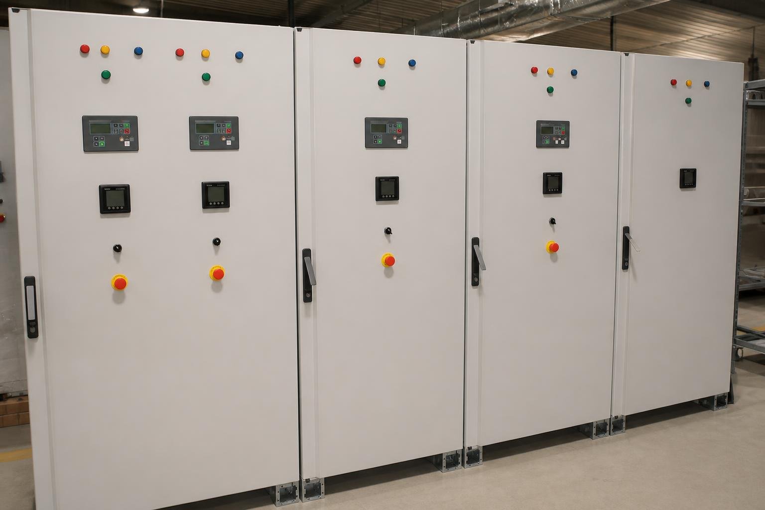 Open transfer-switch and generator-control cabinet showing industrial switchgear components.