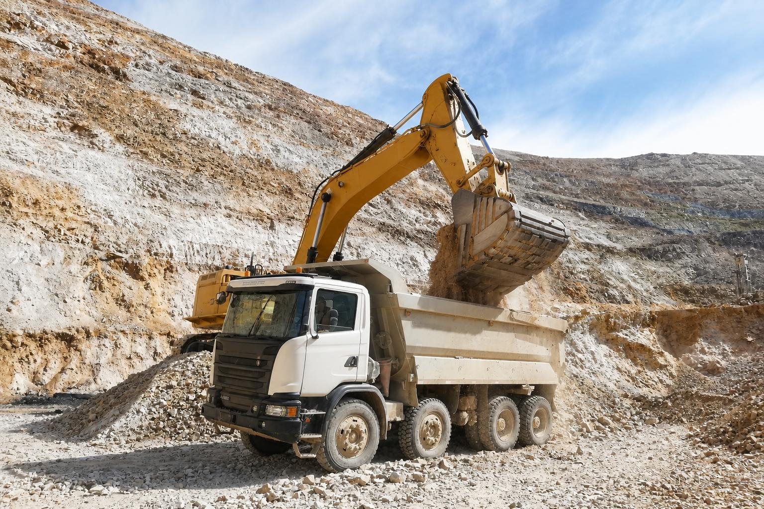 Large excavator loading a quarry haul truck