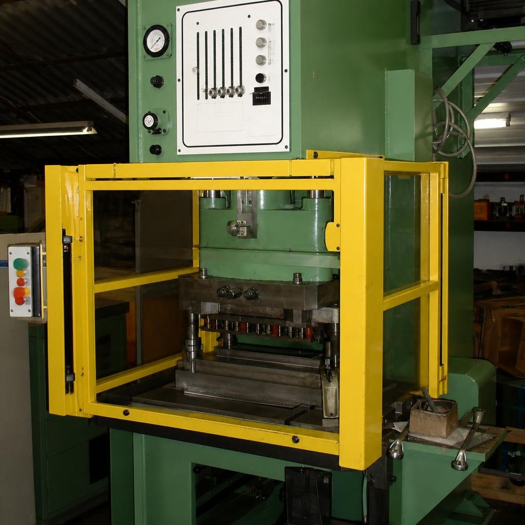 Guarded industrial hydraulic press with pressure controls and a flat work bed