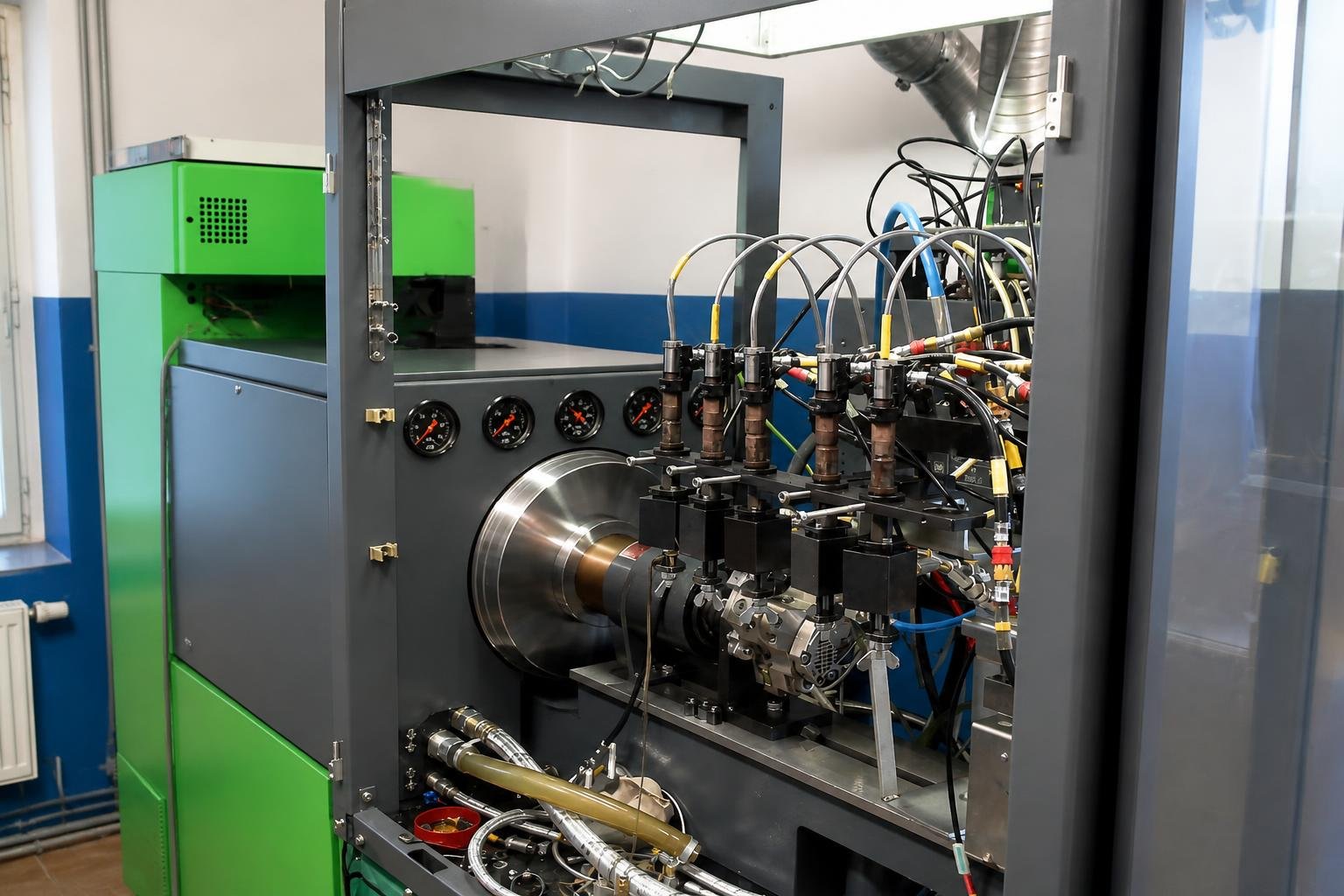 Four diesel injectors connected to a high-pressure calibration rig
