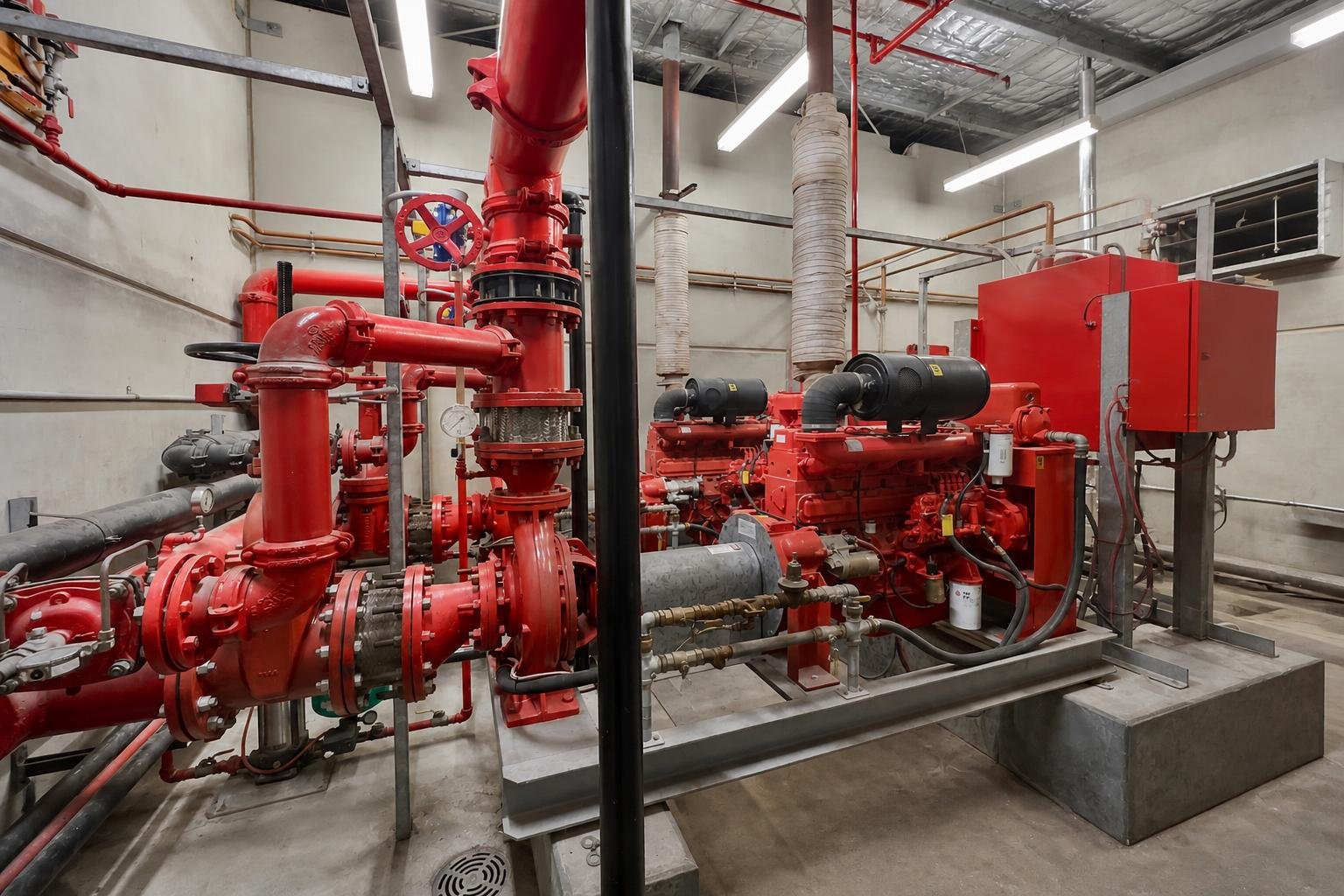 Diesel fire-pump package installed with pipework and controls in a plant room