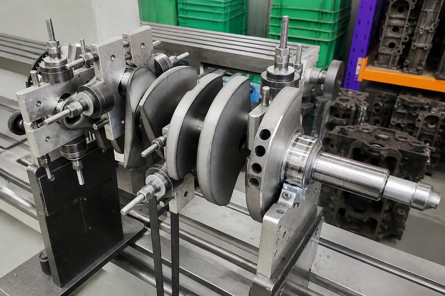 Crankshaft mounted in a dynamic balancing machine with counterweight fixtures